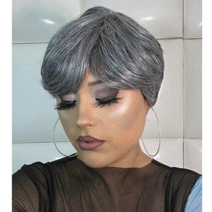 DARK GREY Human Hair Wig - Deep Grey Short Pixie Mature Hairstyle ZURY SIS